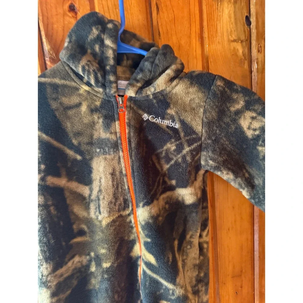 Columbia Kids Camo Fleece Bunting Hooded One Piece Suit Brown Orange 6-12 Months